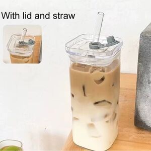 New rectangular glass cup with straw